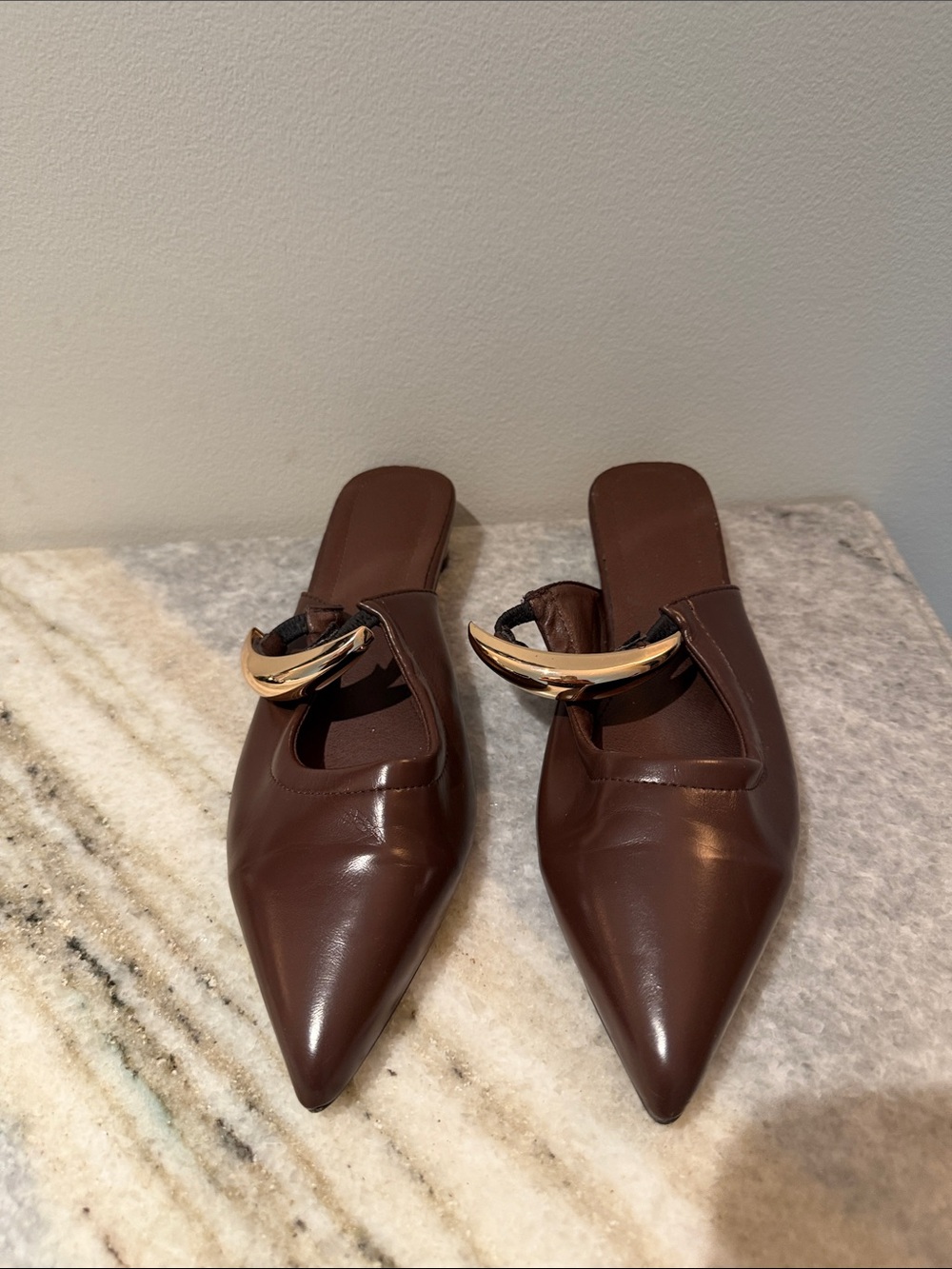 JW PEI Brown Pointed Leather Mules with Gold Hoop